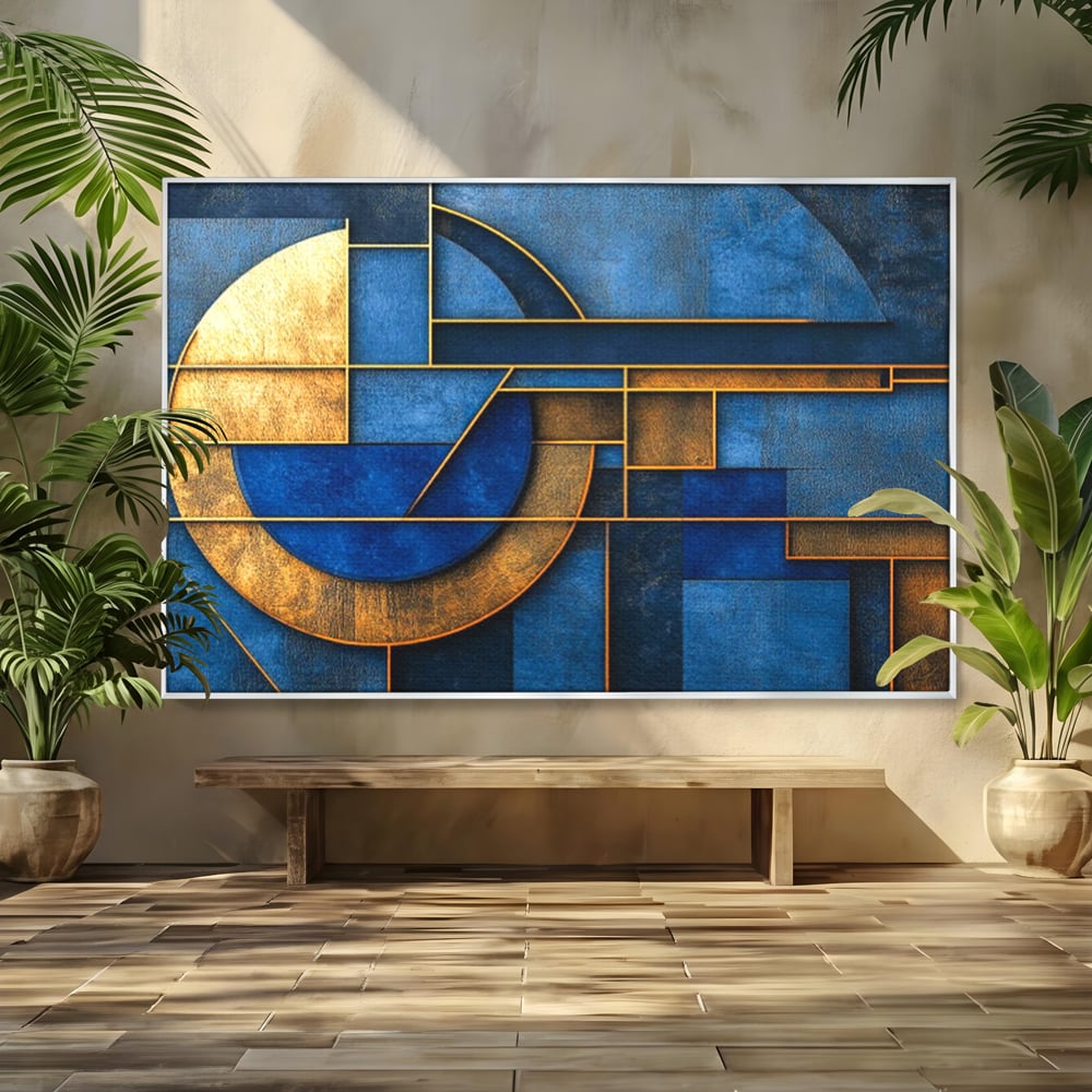 Tablou canvas cu tablou canvas cu forme geometrice albastre si aurii, in rama de aluminiu argintiu